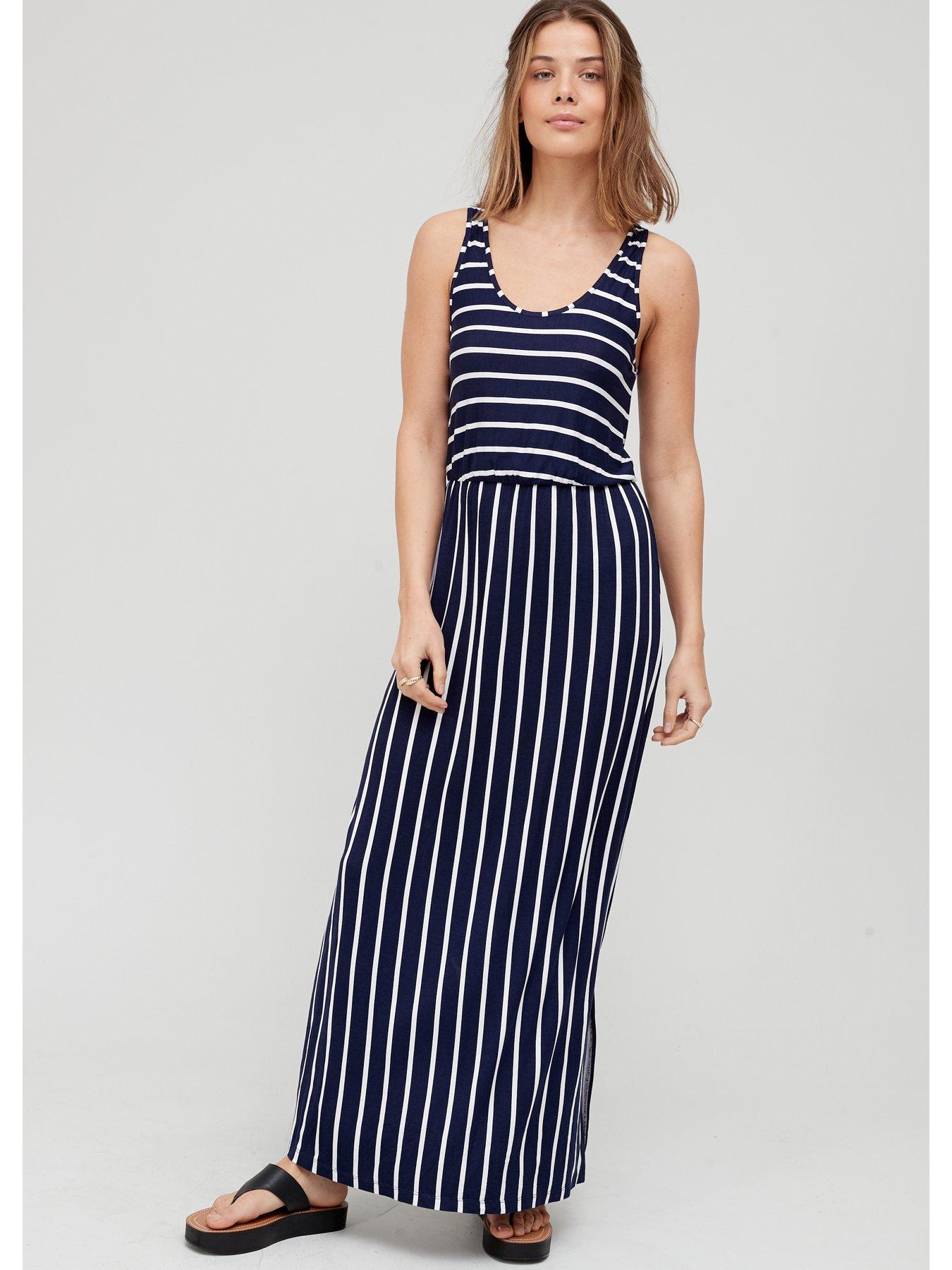 Willsa Women Casual Stripes Sleeveless Sundress Long Maxi Beach Dress 